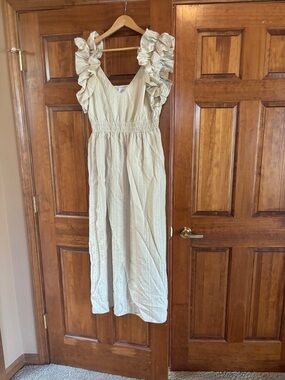 Anthropologie Cream Ruffle-Shoulder Midi Dress